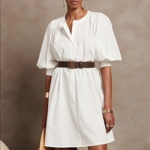 Banana Republic Factory White Poplin Puff Sleeve Belted Dress - Large